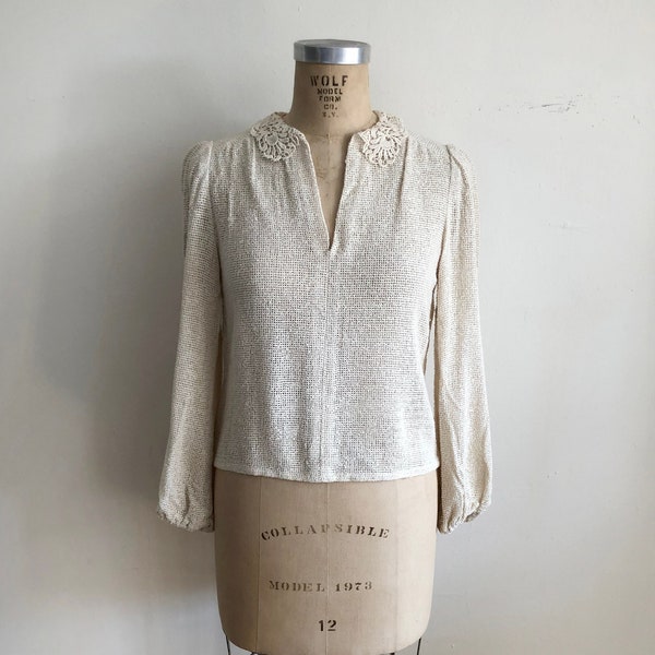 Cream/Ecru Open-Weave Blouse with Lace Collar - 1970s