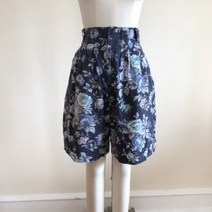 Navy and Light Blue Floral Print Twill Shorts 1980s image 1
