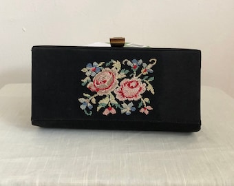 Small Black Clutch Purse with Floral Petit Point Decoration - 1940s