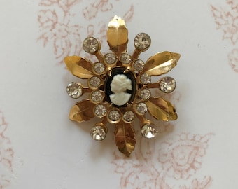 Gold-Toned Rhinestone, Floral, and Cameo Necklace Pendant - 1970s