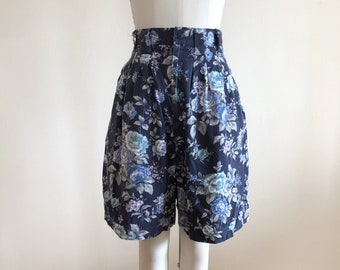 Navy and Light Blue Floral Print Twill Shorts - 1980s