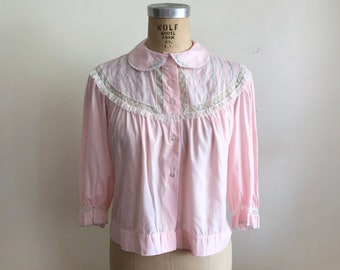 Pale Pink Flannel Embroidered Bed Jacket - 1980s