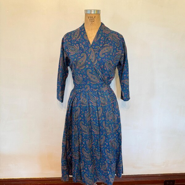 Bright Blue Paisley Print Cotton Wrap Dress - 1950s