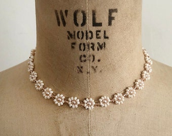 Handmade Cream-Rose Glass Bead Floral Necklace