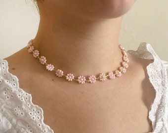 Handmade Baby Pink Glass Bead Floral Necklace