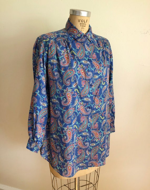 Bright Blue Paisley Print Blouse/Tunic - 1970s - image 3