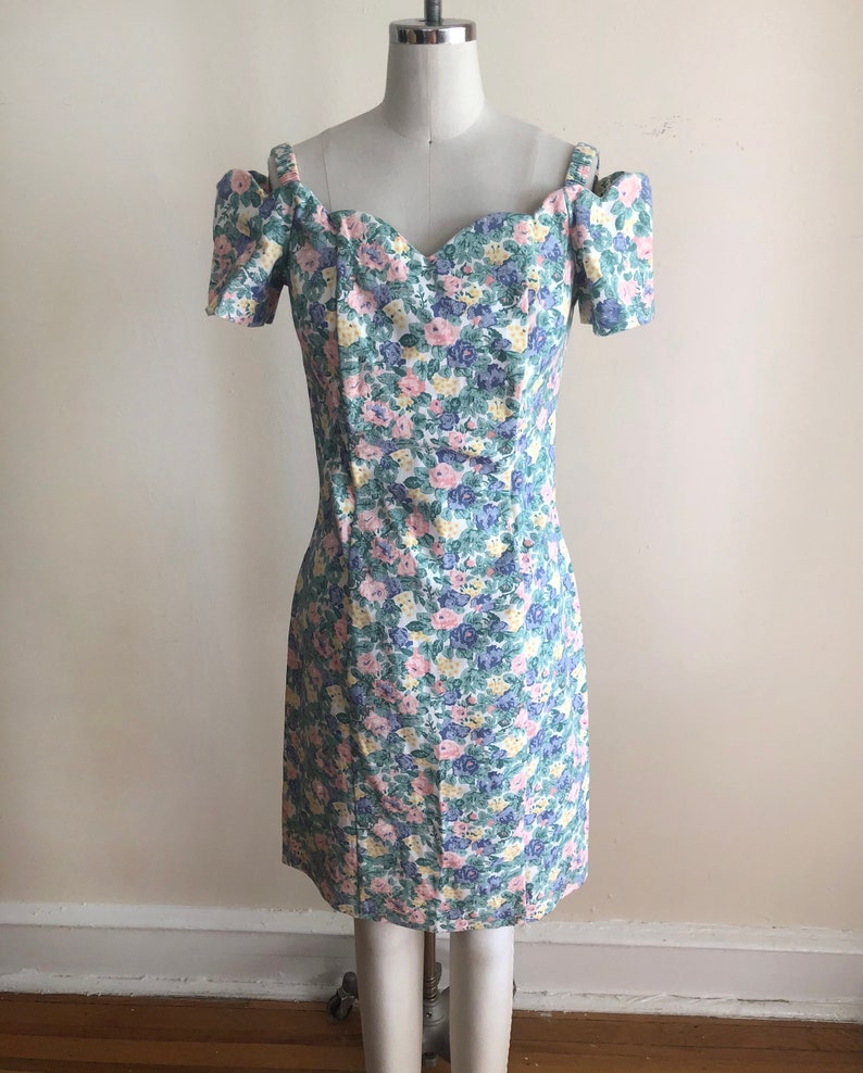 Floral Printed Off-Shoulder Denim Dress 1980s image 7