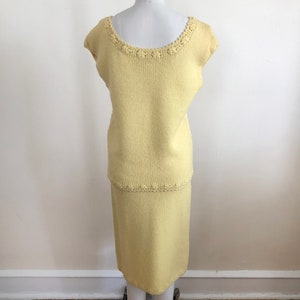 Pale Yellow Knit Top and Skirt Set with Floral Crochet Trim 1960s image 7