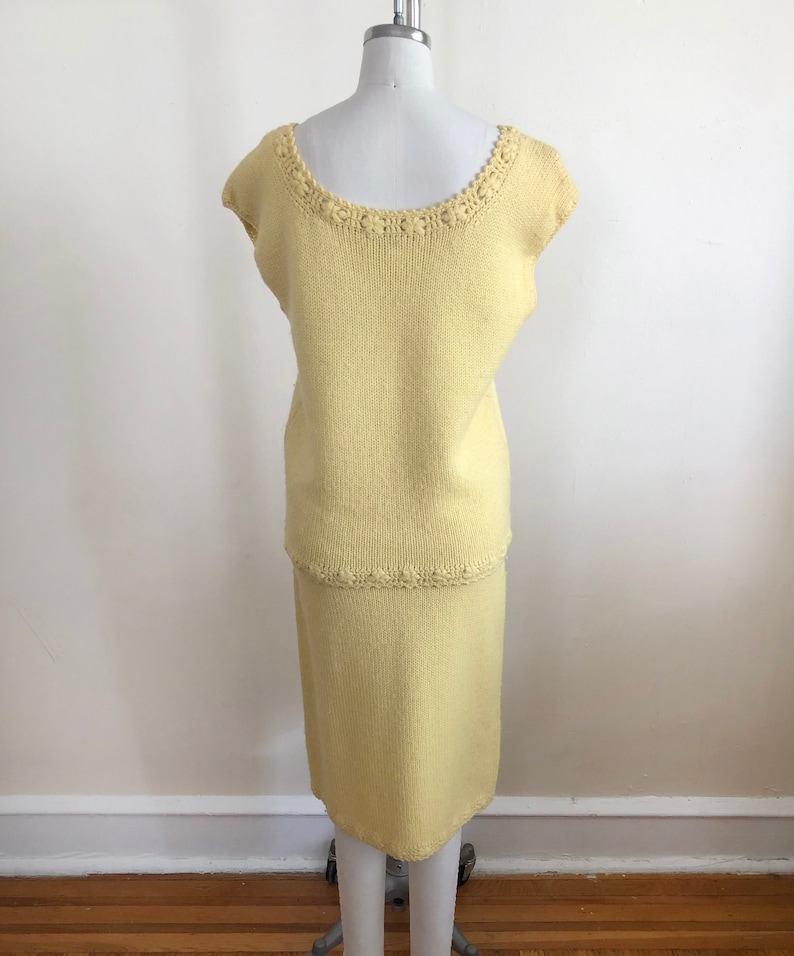 Pale Yellow Knit Top and Skirt Set with Floral Crochet Trim 1960s image 7