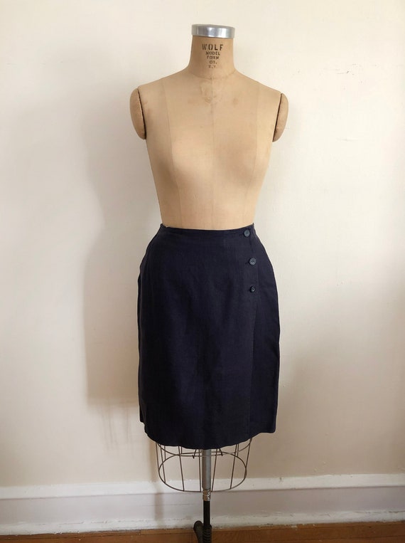 Navy Blue Linen Wrap Mini-Skirt - 1990s
