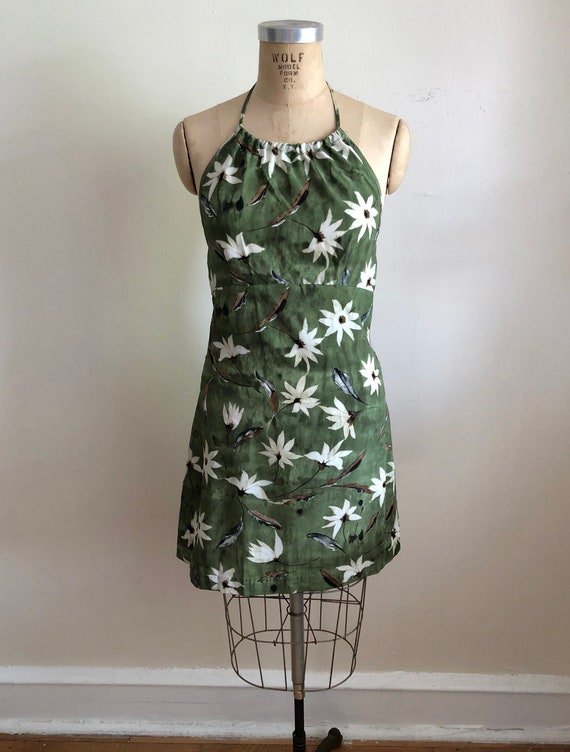 Olive Green Floral/Daisy Print Halter Mini-Dress -