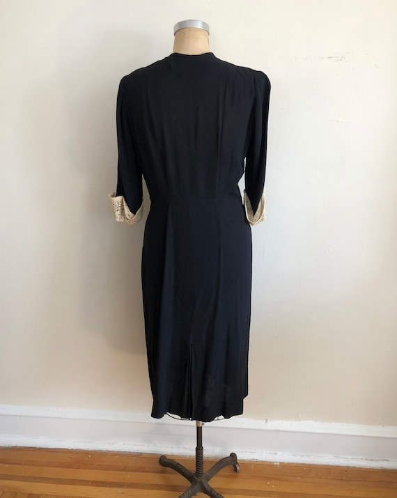 Black Crepe Surplice Dress with Lace Cuffs - 1940s - image 8