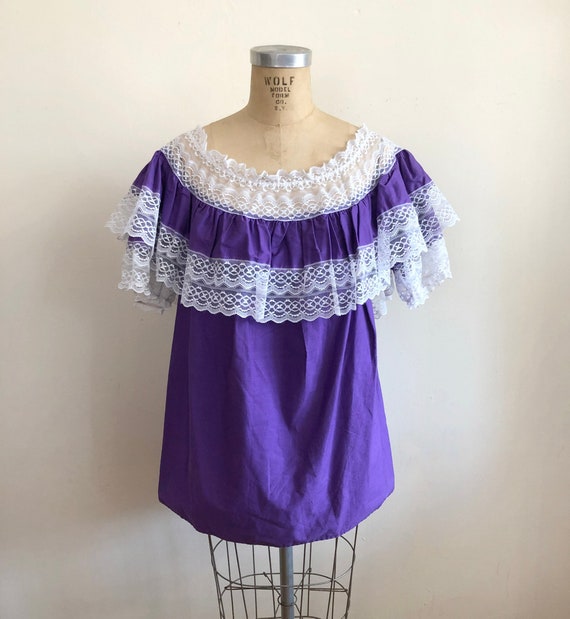 Purple and White Lace Off-Shoulder Blouse/Tunic - 