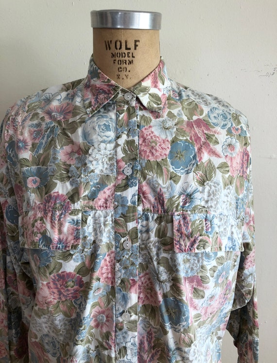 Oversized Floral Print Cotton Shirt - 1980s - image 2