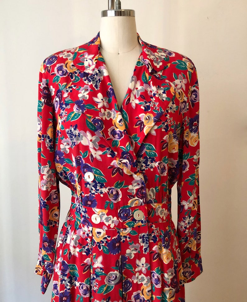 Bright Red Floral Print Midi Dress 1980s