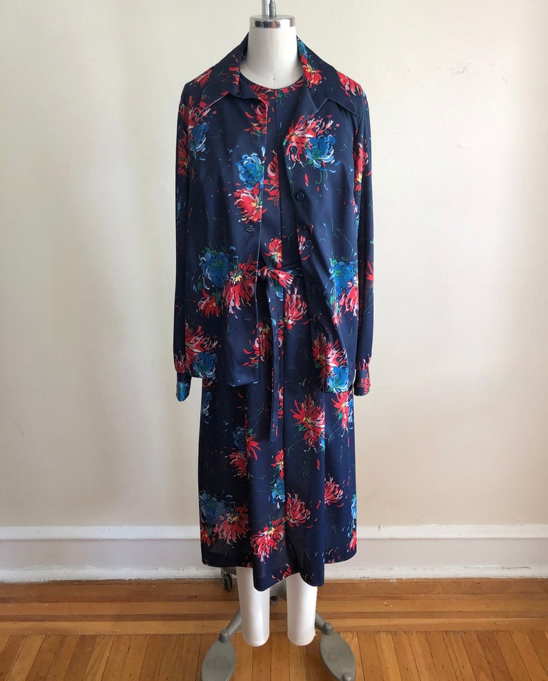 Navy and Red Floral Print Dress with Matching Jacket 1970s image 1