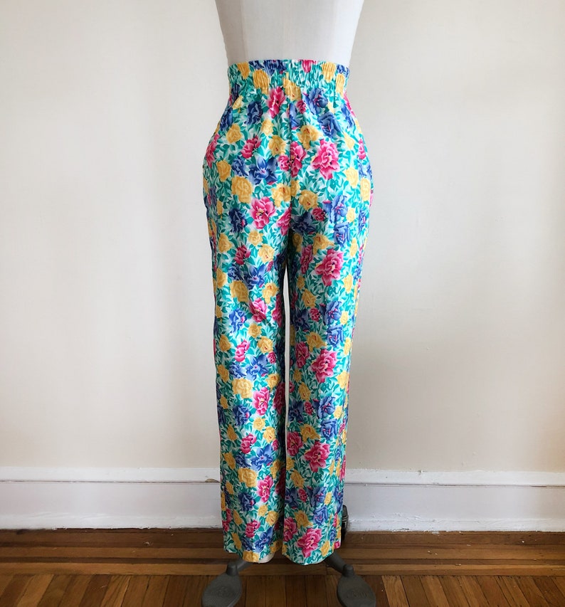 Bright Multicolored Floral Print Pants 1980s image 3