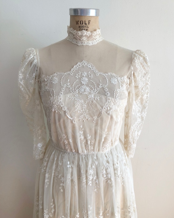 Cream Embroidered Net Dress with Mock-Neck - 1980s - image 2