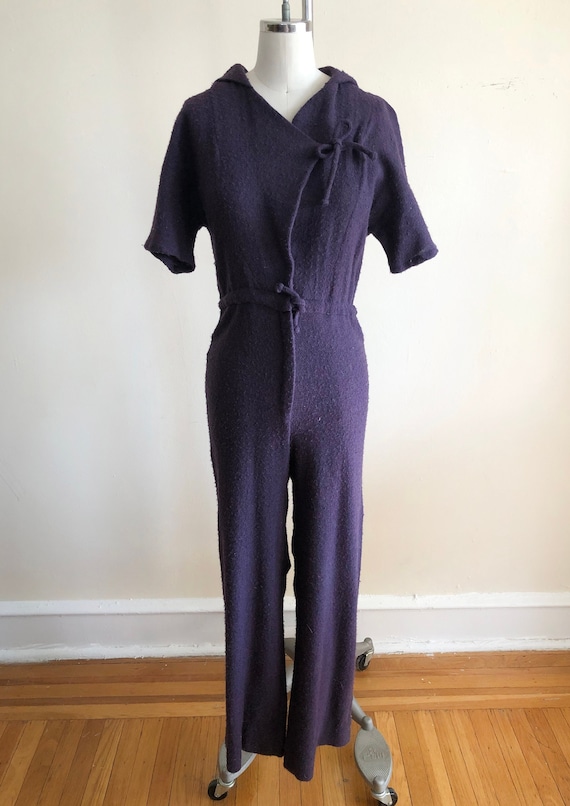 Short-Sleeved Purple Wool Jumpsuit with Hood - 197