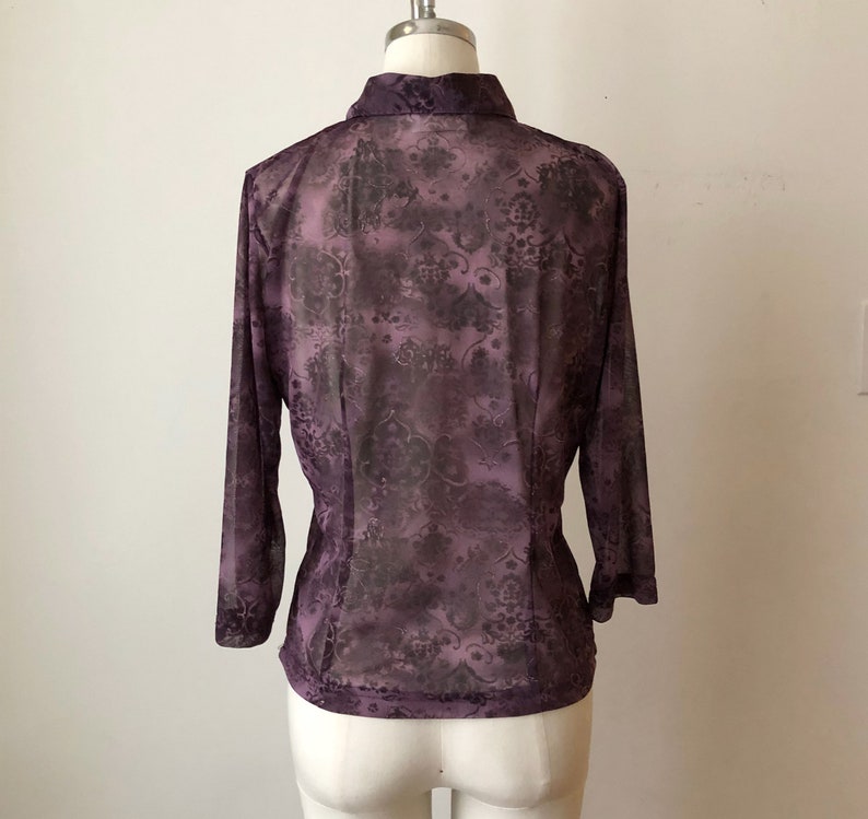 Dark Purple Printed Mesh Button-Down Top 1990s