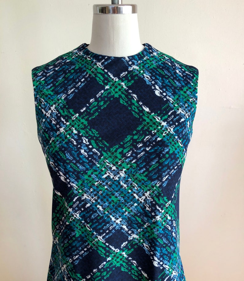 Sleeveless Bright Blue and Green Geometric Print Shift Dress 1960s image 2