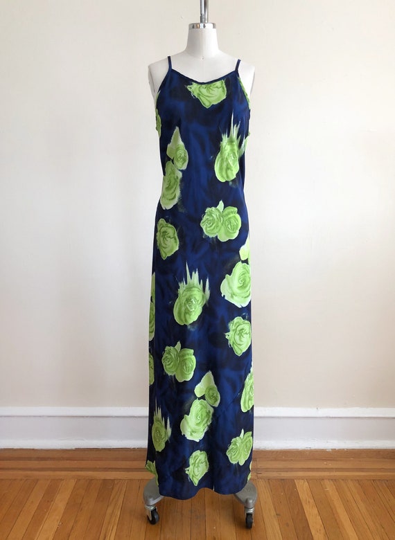 Blue and Lime Green Floral/Rose Print Maxi Dress -