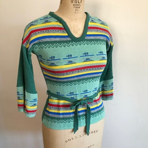 Green Southwest Motif Pullover Sweater with Tie Belt 1970s image 4