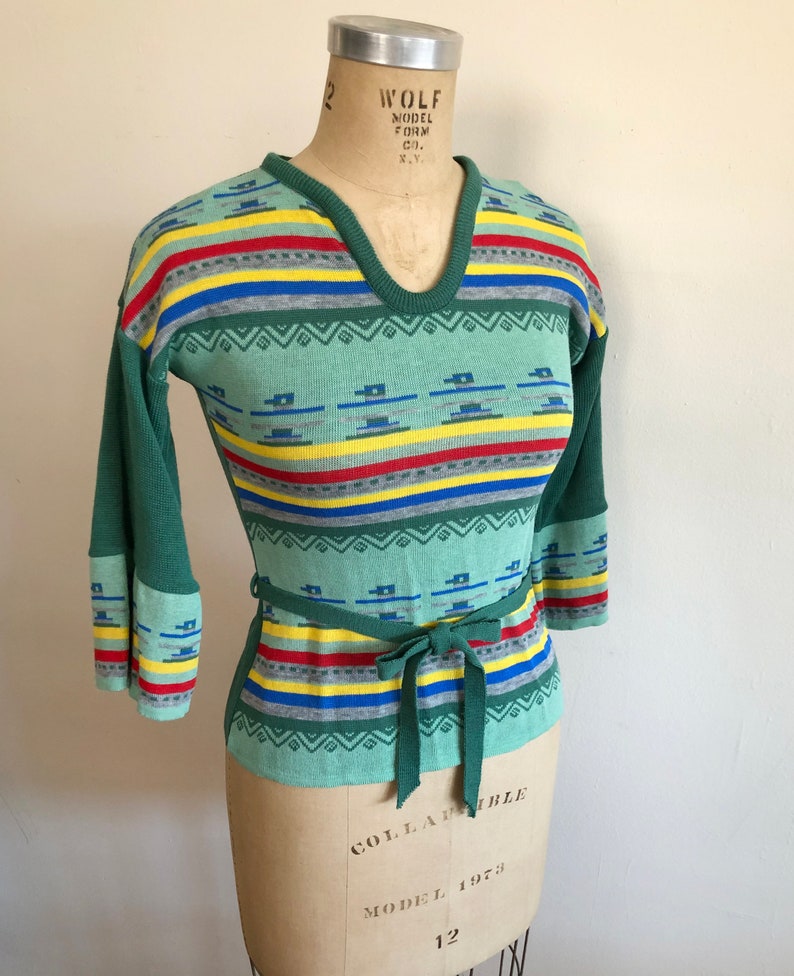 Green Southwest Motif Pullover Sweater with Tie Belt 1970s image 4