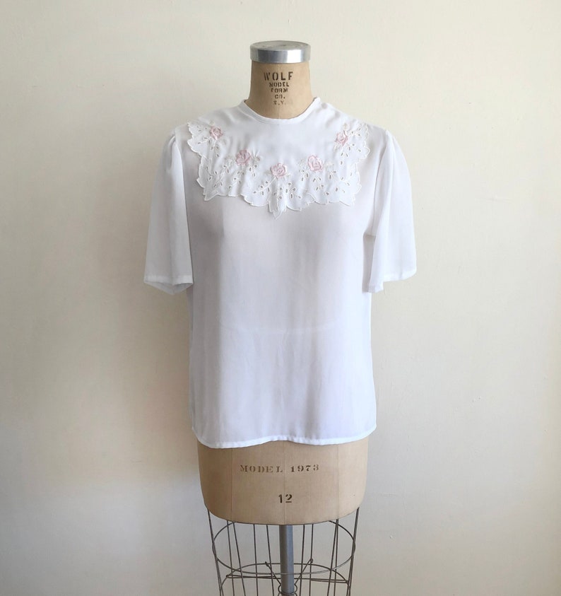 Sheer White Blouse with Oversized, Embroidered Bib Collar 1980s image 1
