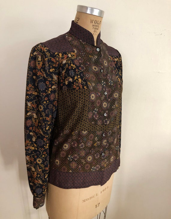 Black and Brown Placement Print Silk Blouse - 197… - image 4