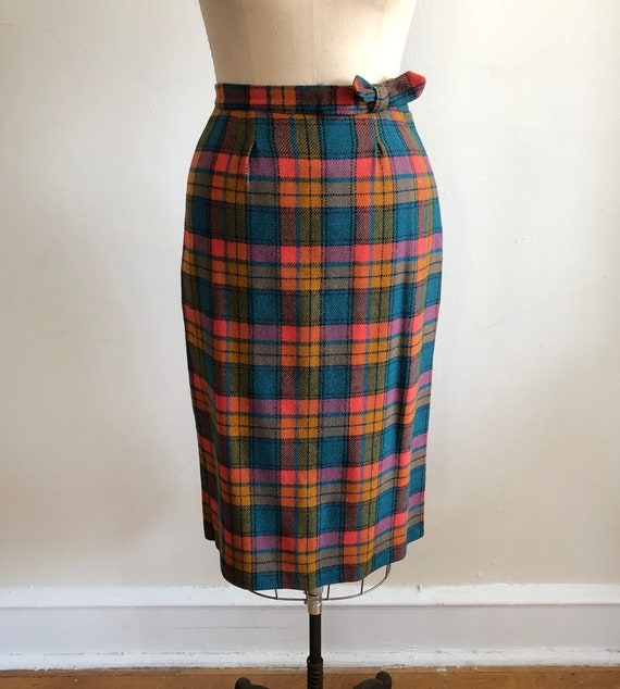 Bright Multicolored Plaid Pencil Midi-Skirt - 197… - image 1