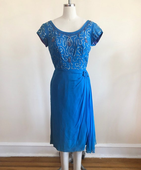 Embellished Blue Cocktail Dress - 1950s - image 1