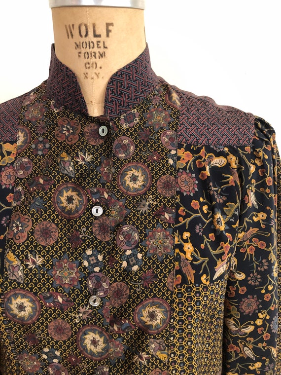 Black and Brown Placement Print Silk Blouse - 197… - image 3