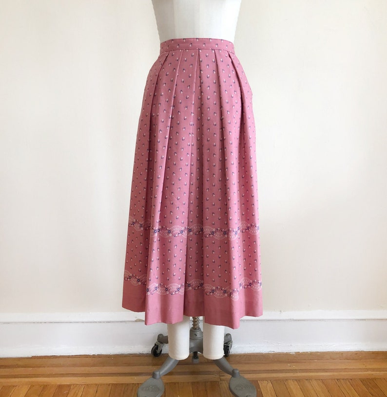 Pink and Blue Floral Print Midi-Skirt By Lanz 1980s image 1
