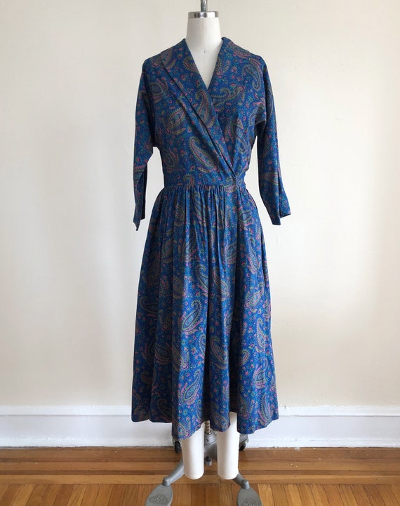 Bright Blue Paisley Print Cotton Wrap Dress - 195… - image 1