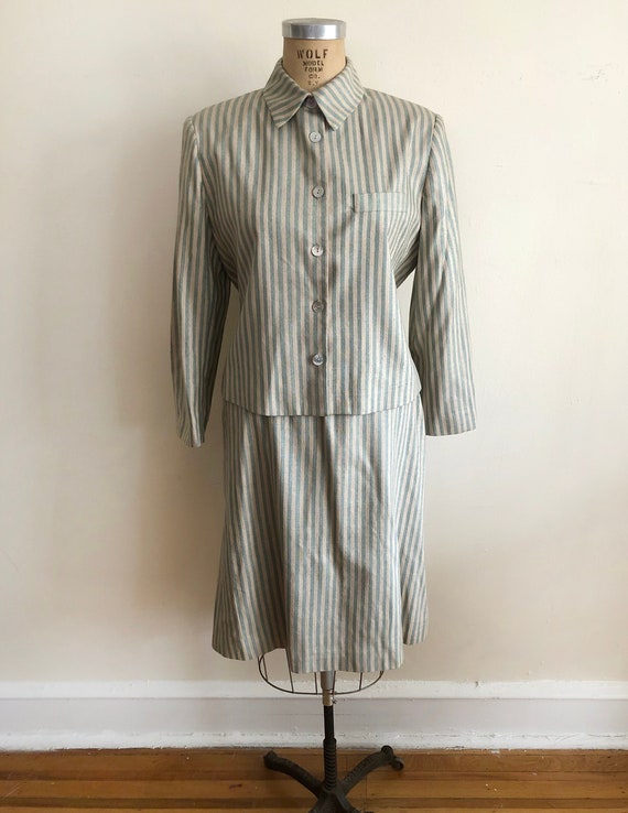 Pale Green and Yellow Striped Raw Silk Suit - 1980