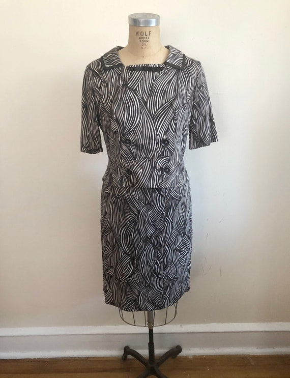 Brown Abstract Print Two-Piece Skirt Suit - 1950s