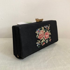 Small Black Clutch Purse with Floral Petit Point Decoration 1940s image 4