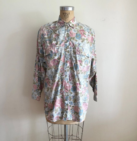 Oversized Floral Print Cotton Shirt - 1980s - image 1