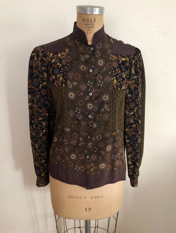 Black and Brown Placement Print Silk Blouse - 197… - image 2