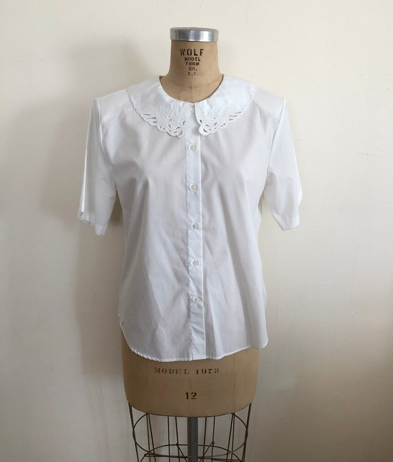 Oversized White Cotton Lace Blouse with Embroidere