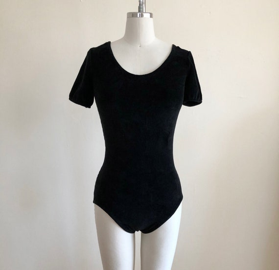 Short-Sleeved Black Terrycloth Bodysuit/Leotard -
