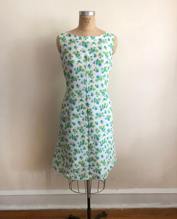 Blue and White Floral Print Shift Dress - 1960s