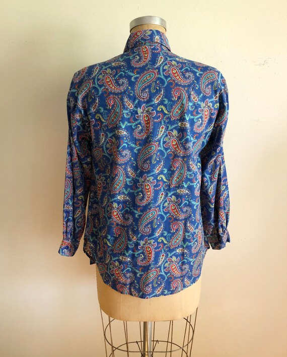 Bright Blue Paisley Print Blouse/Tunic - 1970s - image 4