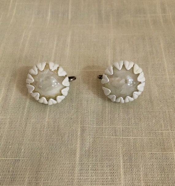 Round White Clip-On Earrings - 1960s - image 1