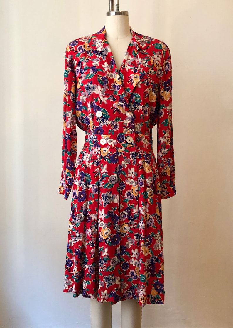 Bright Red Floral Print Midi Dress 1980s