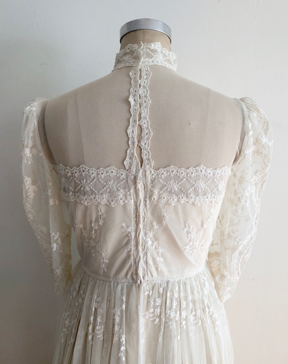 Cream Embroidered Net Dress with Mock-Neck - 1980s - image 5