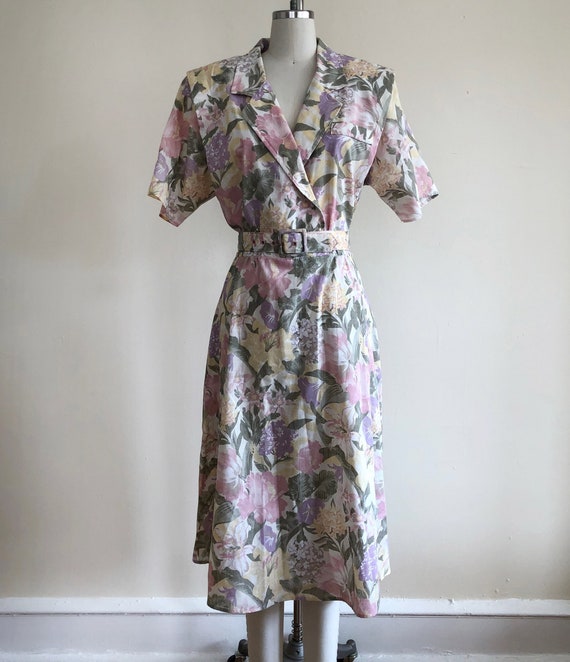 Pastel Floral Print Shirtdress - 1980s
