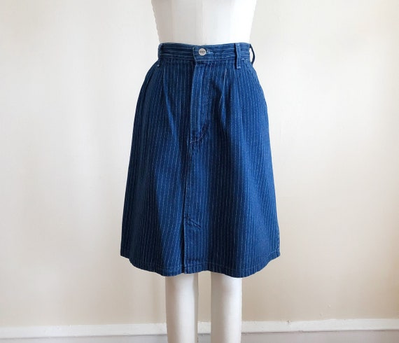 Dark Blue Denim Mini Skirt with Ticking Stripe - … - image 1