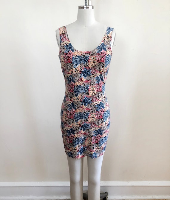 Floral/Conversational Print Body-Con Mini-Dress -… - image 1